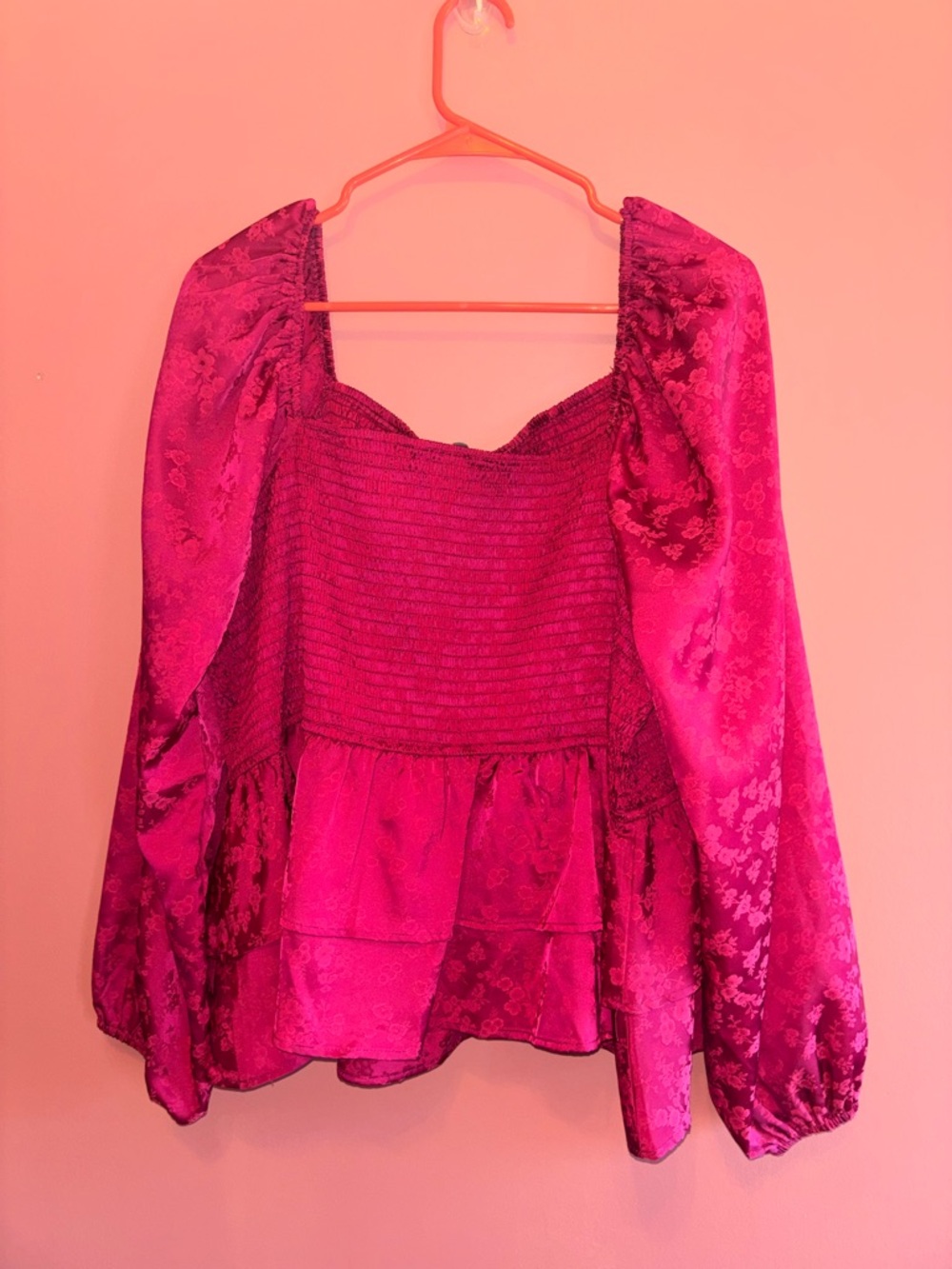 ARULA Hot Pink Smocked Satin Puff-Sleeve Peplum Top